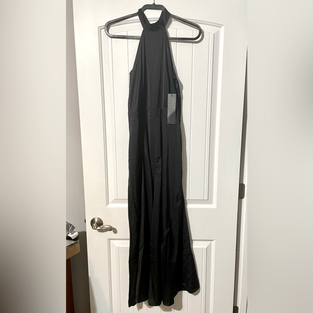 NWT s•deer Elegant Halter Wideleg Satin Jumpsuit, Asymmetrical Leg Design Size S